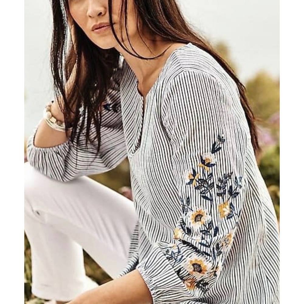 J. Jill sz L Embroidered Floral Striped 100% Cotton Oversized Blouse Top Natural